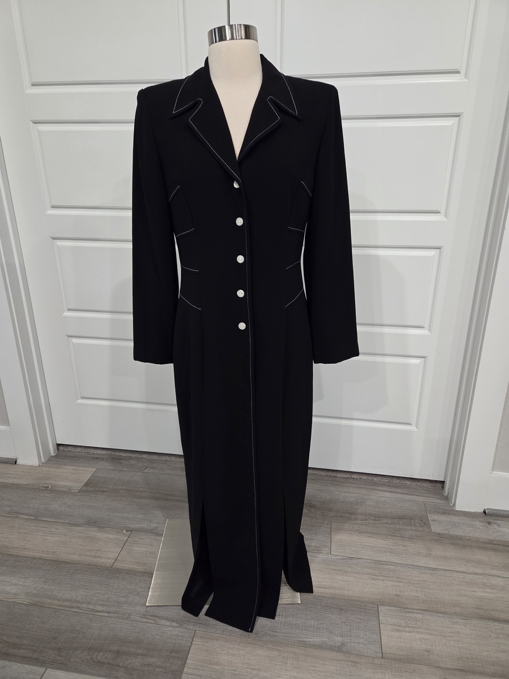 Julian Taylor New York Vintage Black Long Coat Dress with White Piping Size 8